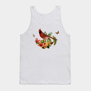 Romantic Red Cardinal Bird With Butterflies & Roses Tank Top